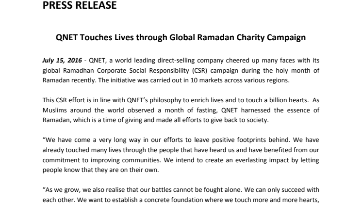 QNET Touches Lives through Global Ramadan Charity Campaign