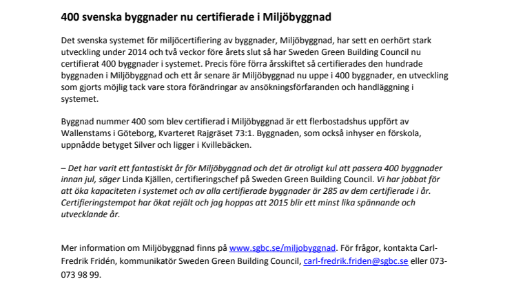 400 svenska byggnader nu certifierade i Miljöbyggnad