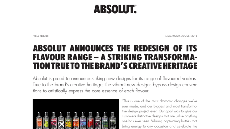 ABSOLUT ANNOUNCES THE REDESIGN OF ITS FLAVOUR RANGE – A STRIKING TRANSFORMATION TRUE TO THE BRAND’S CREATIVE HERITAGE