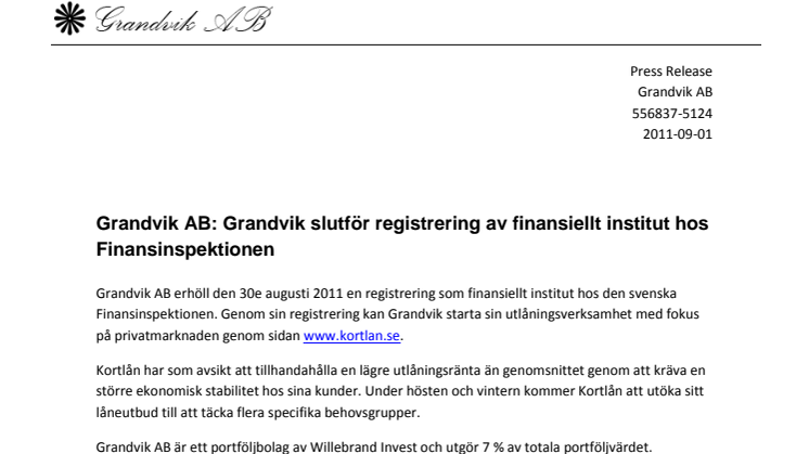 Grandvik AB: Grandvik slutför registrering av finansiellt institut hos Finansinspektionen