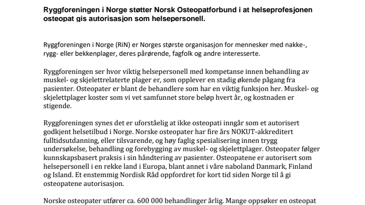 Støtteerklæring til Norsk Osteopatforbund (Ryggforeningen i Norge)