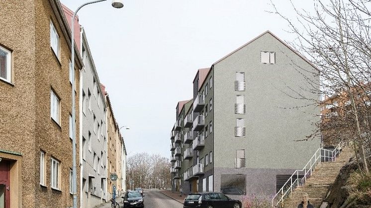 Vy över Ärlegatan med planerad nybyggnation av 40 lägenheter, ett av nämndens ärenden som presenteras. Bild: Skeppsviken / Studio Ekberg