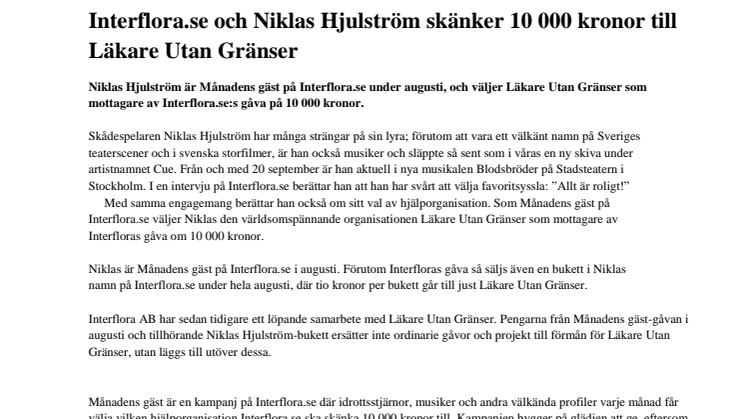 Interflora.se och Niklas Hjulström skänker 10 000 kronor till Läkare Utan Gränser
