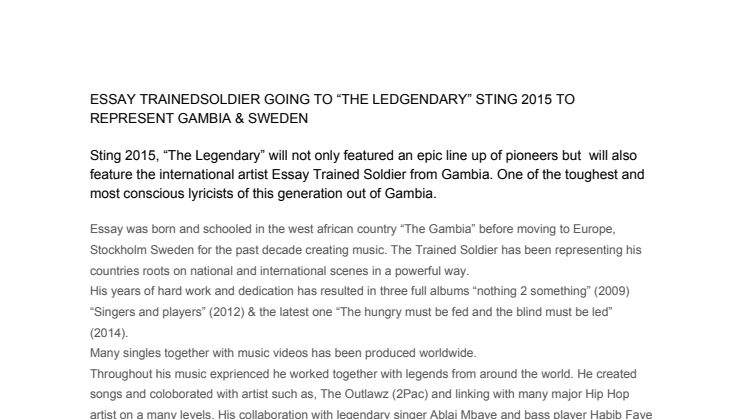 ESSAY TRAINEDSOLDIER GOING TO “THE LEDGENDARY” STING 2015 IN JAMAICA TO REPRESENT GAMBIA & SWEDEN