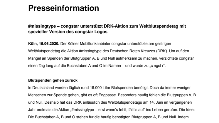 #missingtype – congstar unterstützt DRK-Aktion zum Weltblutspendetag mit spezieller Version des congstar Logos
