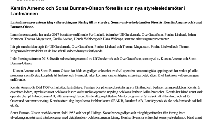 Kerstin Arnemo och Sonat Burman-Olsson föreslås som nya styrelseledamöter i Lantmännen