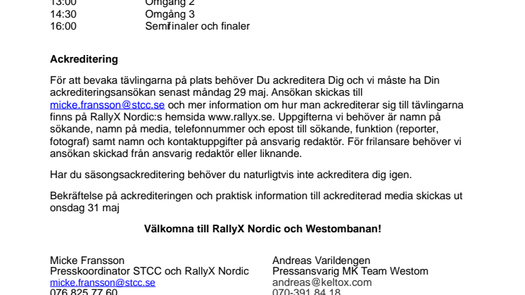 Mediainbjudan till RallyX Nordic Arvika 3 juni