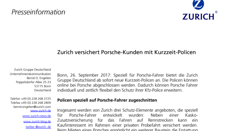 Zurich versichert Porsche-Kunden mit Kurzzeit-Policen