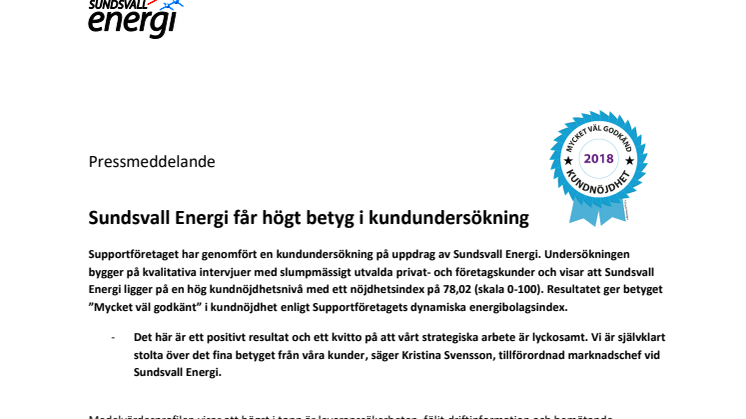 Sundsvall Energi får högt betyg i kundundersökning