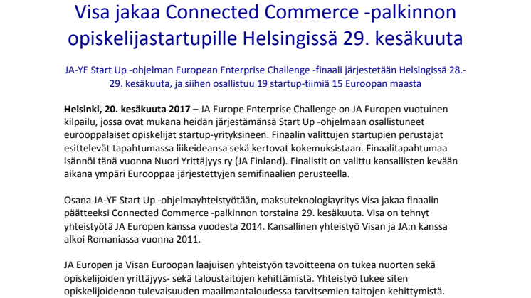 Visa jakaa Connected Commerce -palkinnon opiskelijastartupille Helsingissä 29. kesäkuuta