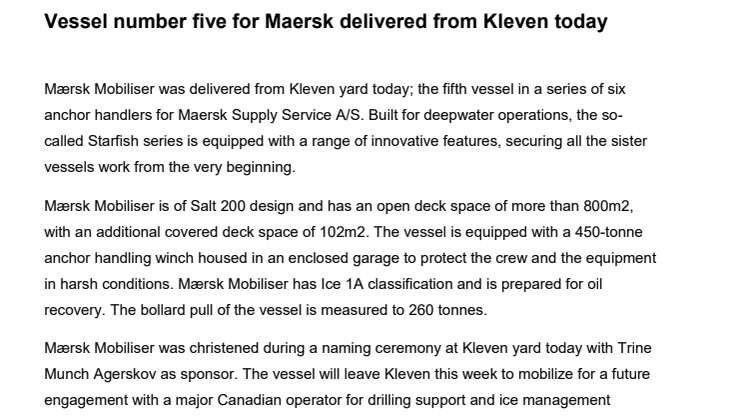 Vessel number five for Maersk delivered from Kleven today