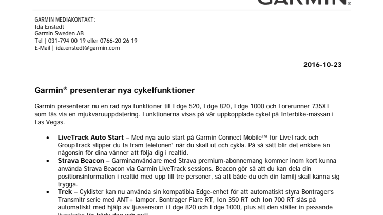 Garmin® presenterar nya cykelfunktioner