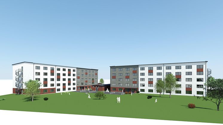 Balticgruppen planerar att genomföra ett nyckelfärdigt bostadsprojekt till SBB. Projektet omfattar två nya femvåningshus på Tvistevägen 41 och 43 i Umeå universitetsstad. Illustration: Arkinova Arkitekter.
