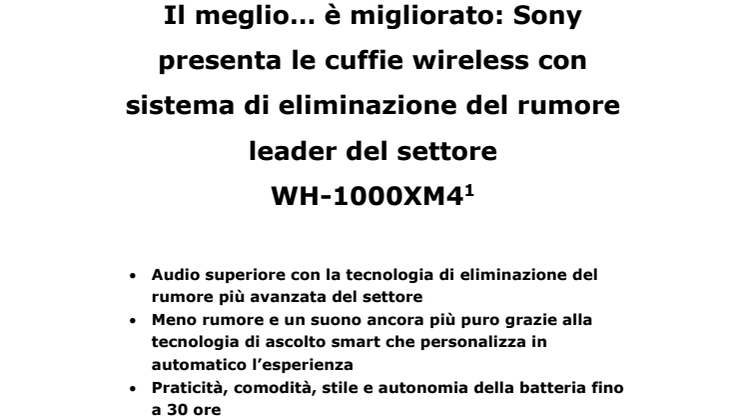 Il meglio… è migliorato: Sony presenta le cuffie wireless con sistema di eliminazione del rumore leader del settore  WH-1000XM4 [1]