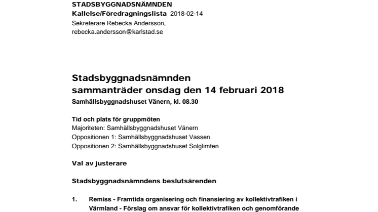 Kallelse till stadsbyggnadsnämnden 14 februari