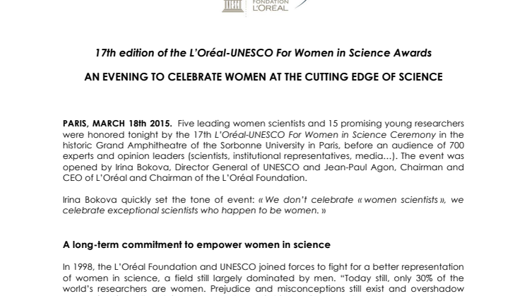 Hæder til excellente forskere i L'Oréal-UNESCO For Women in Science programmet