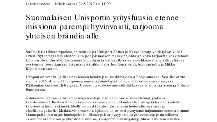 Suomalaisen Unisportin yritysfuusio etenee –  missiona parempi hyvinvointi, tarjooma yhteisen brändin alle
