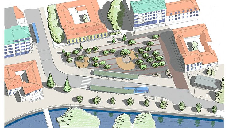 Framtidens Södra torget, mer trafiksäkert och med mer grön torgyta. Visionsskiss: Richard Mattsson, stadsarkitekt.