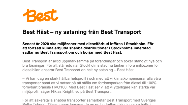 Best Häst – ny satsning från Best Transport 