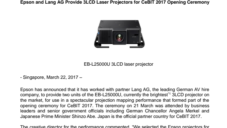 Epson and Lang AG Provide 3LCD Laser Projectors for CeBIT 2017 Opening Ceremony