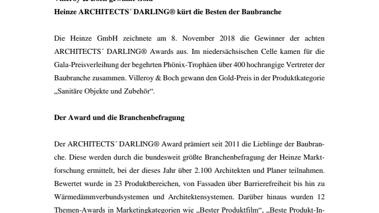Villeroy & Boch gewinnt Gold  –  Heinze ARCHITECTS´ DARLING® kürt die Besten der Baubranche