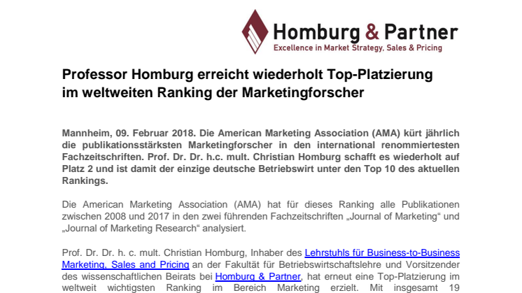 Professor Homburg erreicht wiederholt Top-Platzierung  im weltweiten Ranking der Marketingforscher 