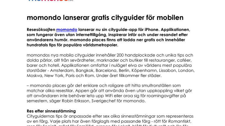 momondo lanserar gratis cityguider för mobilen