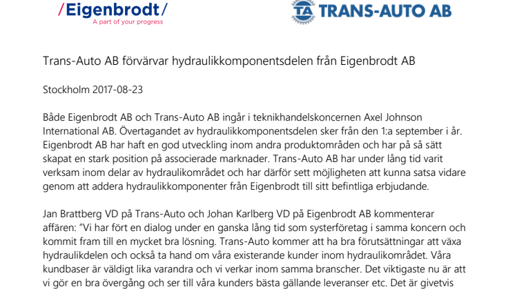 Trans-Auto AB förvärvar hydraulikkomponentsdelen från Eigenbrodt AB