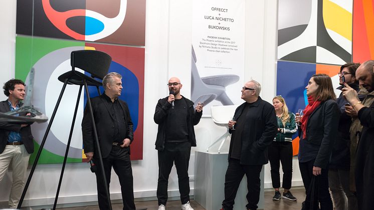 The installation Phoenix chair by Luca Nichetto, first developed to be shown at Sweden´s leading auction house Bukowskis. Luca attended the opening, along with Offecct CEO Kurt Tingdal (to the left) and Offecct Design Manager Anders Englund. 