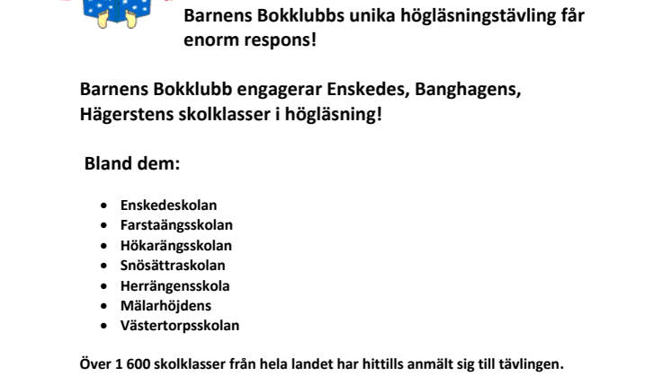 Barnens Bokklubb engagerar Enskedes, Banghagens, Hägerstens skolklasser i högläsning!