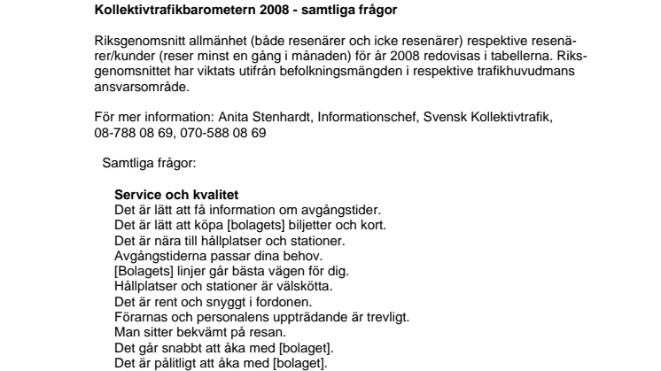 Kollektivtrafikbarometern 2008, tabeller