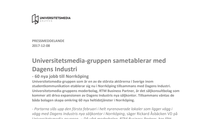 Universitetsmedia-gruppen sametablerar med Dagens Industri  - 60 nya jobb till Norrköping