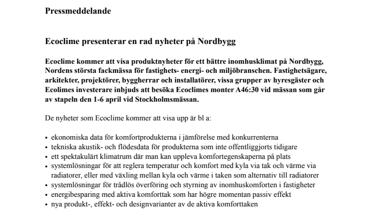 Ecoclime presenterar en rad nyheter på Nordbygg