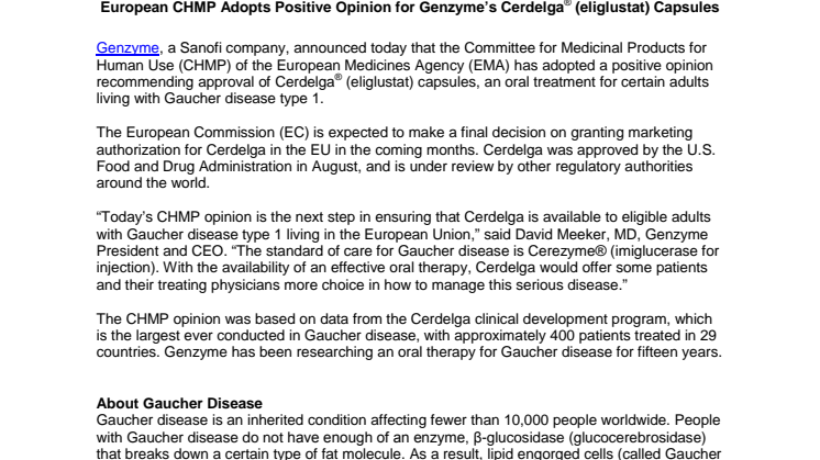 European CHMP Adopts Positive Opinion for Genzyme’s Cerdelga® (eliglustat) Capsules