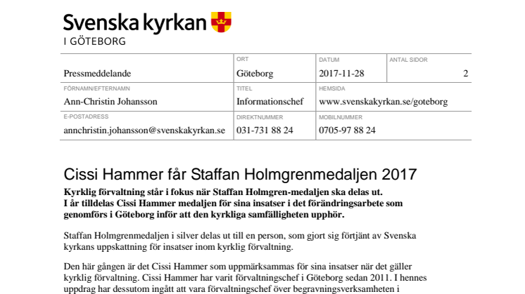 Cissi Hammer får Staffan Holmgrenmedaljen 2017 