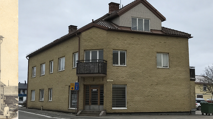 Plombohuset då och nu. Det syns tydligt att huset har ändrats genom åren, inte minst på fasaden som gått från trä till tegel. Torsdagen den 11 maj rivs den gamla byggnaden. 