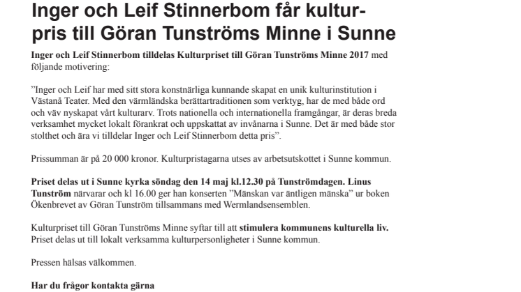 Inger och Leif Stinnerbom får kulturpris till Göran Tunströms Minne i Sunne