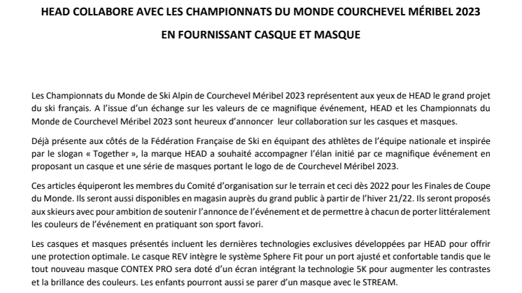 HEAD COLLABORE AVEC LES CHAMPIONNATS DU MONDE COURCHEVEL MÉRIBEL 2023 EN FOURNISSANT CASQUE ET MASQUE