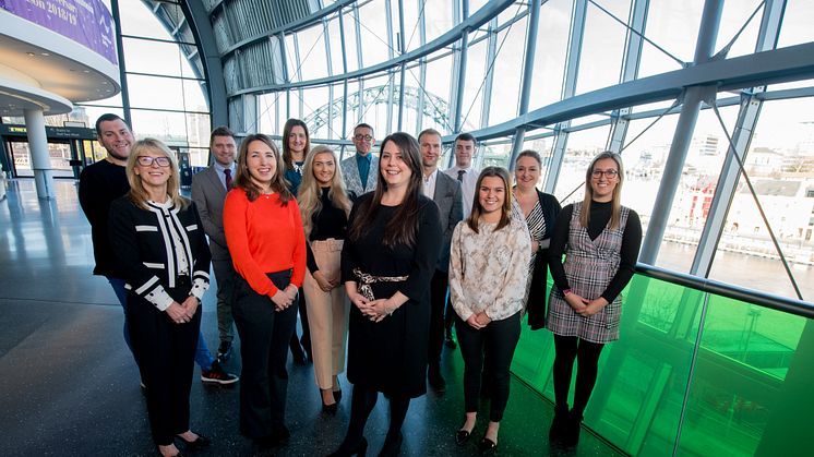 Key speakers and students at the ITT Future You Roadshow  with event organiser Kate Harland, graduate tutor at Newcastle Business School (front/centre). 