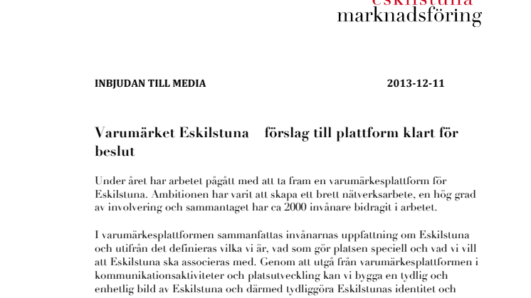 Varumärket Eskilstuna – förslag till plattform klart för beslut
