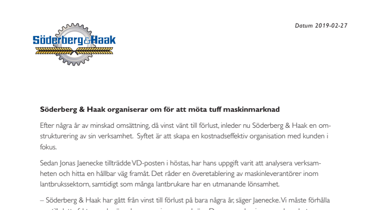 Söderberg & Haak organiserar om för att möta tuff maskinmarknad