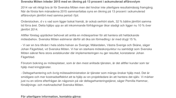 Svenska Möten inleder 2015 med en ökning på 13 procent i ackumulerad affärsvolym 