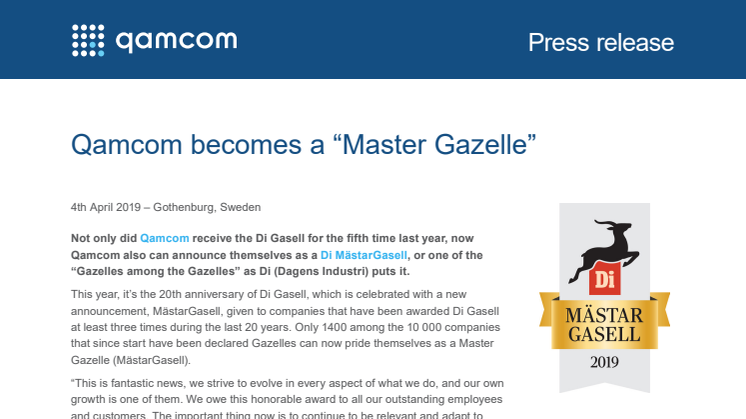 Qamcom becomes a ”Master Gazelle”