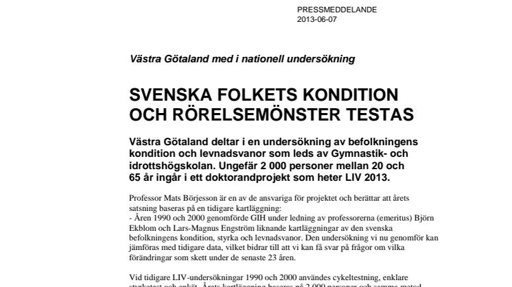 Västra Götaland med i nationell studie där svenska folkets kondition och rörelsemönster testas