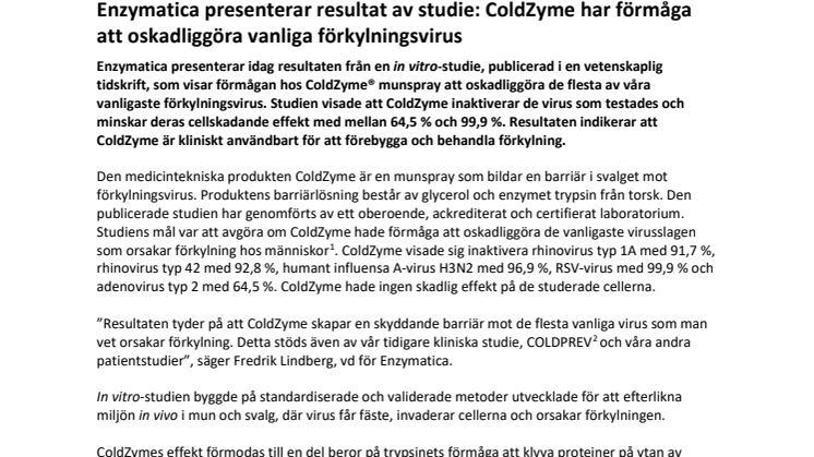 Enzymatica presenterar resultat av studie: ColdZyme har förmåga att oskadliggöra vanliga förkylningsvirus