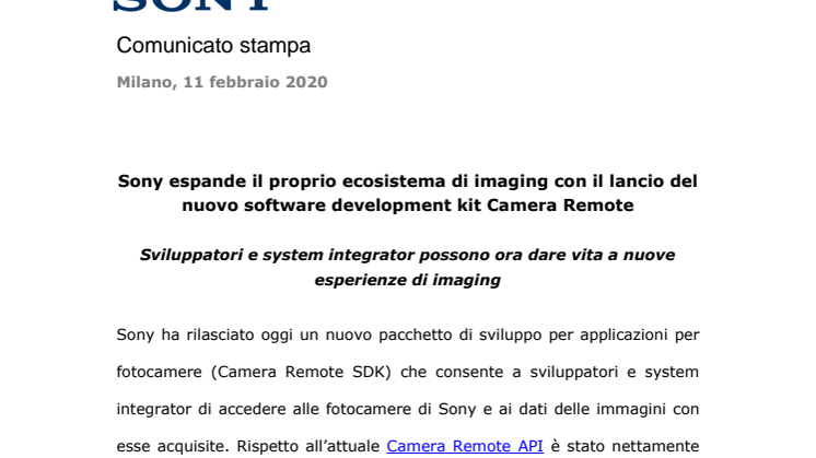  Sony espande il proprio ecosistema di imaging con il lancio del  nuovo software development kit Camera Remote 