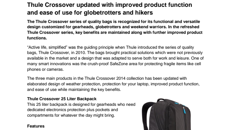 Thule Crossover updated with improved product function and ease of use for globetrotters and hikers