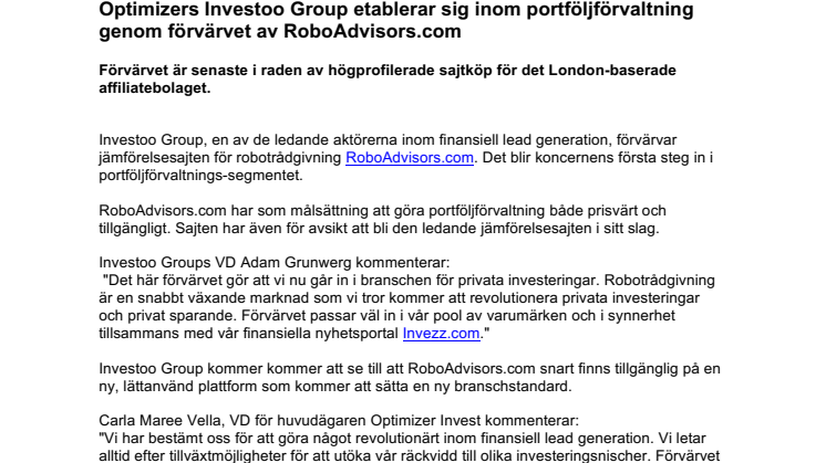 Optimizers Investoo Group etablerar sig inom portföljförvaltning genom förvärvet av RoboAdvisors.com 