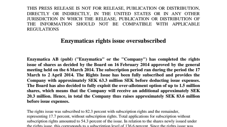 Enzymaticas rights issue oversubscribed