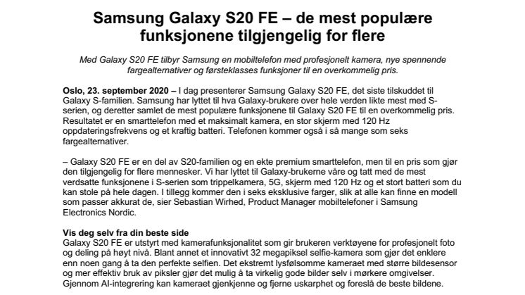 Samsung Galaxy S20 FE – de mest populære funksjonene tilgjengelig for flere